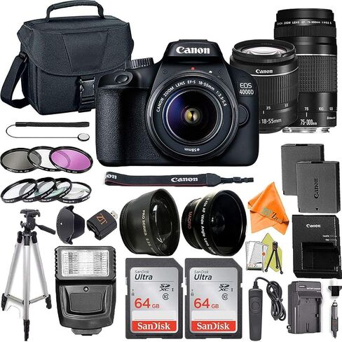كاميرا Canon EOS 4000D / Rebel T100 DSLR مقاس 18-55 مم وعدسة 75-300 مم + حزمة ملحقات ZeeTech مع عبوتين من بطاقة ذاكرة SanDisk سعة 64 جيجابايت وحقيبة وحامل ثلاثي القوائم ومجموعة عدسات مقربة وعدسات عريضة الزاوية (متجددة) in Saudi Arabia