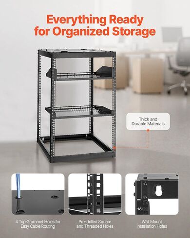 Open Frame Network Rack 16U with Vented Shelves - Wall Mount or Floor Standing 23" Depth Server Rack, 500 lbs Capacity, Complete Kit for Easy Setup (Includes Cage Nuts, Ground Wire, Trays) in Kuwait