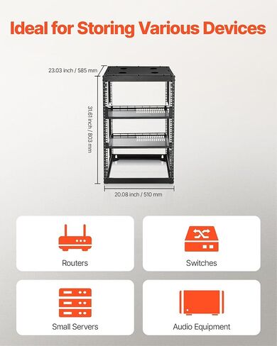Open Frame Network Rack 16U with Vented Shelves - Wall Mount or Floor Standing 23" Depth Server Rack, 500 lbs Capacity, Complete Kit for Easy Setup (Includes Cage Nuts, Ground Wire, Trays) in Kuwait
