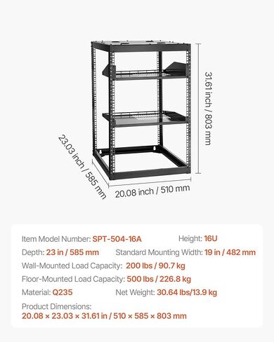 Open Frame Network Rack 16U with Vented Shelves - Wall Mount or Floor Standing 23" Depth Server Rack, 500 lbs Capacity, Complete Kit for Easy Setup (Includes Cage Nuts, Ground Wire, Trays) in Kuwait