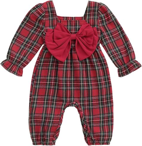 Newborn Girl Plaid Jumpsuit Long Sleeve Square Neck Bow Romper Winter Clothes Infant Baby Christmas Outfit in Saudi Arabia