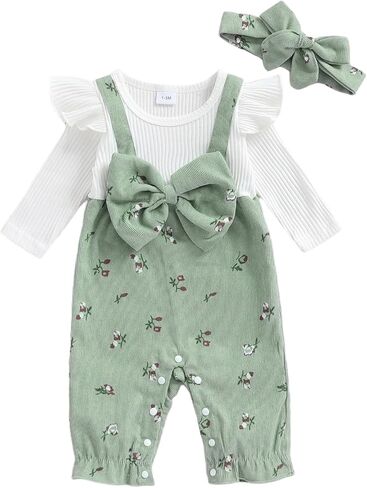 Baby Girl Clothes Ruffle Romper Ribbed Jumpsuit Fall Winter Outfits | Newborn Baby Girl Fall Winter Outfits 0 3 6 9 12 18 Months Ruffle Romper Long Sleeve Floral Ribbed Jumpsuit with Headband in Saudi Arabia