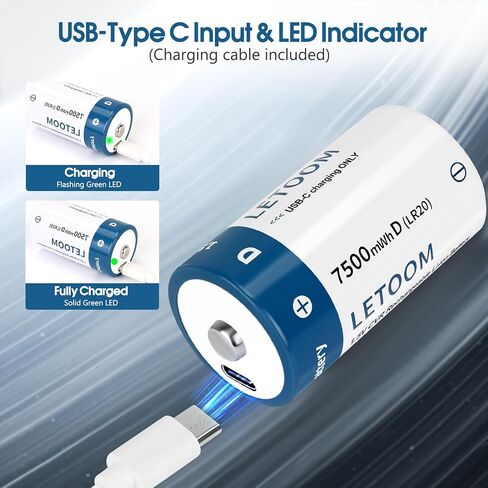 بطاريات D قابلة لإعادة الشحن مع كابل شحن USB C 4 في 1، بطاريات ليثيوم خلية بحجم D 7500 مللي واط في الساعة 1.5 فولت للمصابيح الكاشفة والألعاب والأضواء الكاشفة (6 عبوات، بطارية D) in Saudi Arabia
