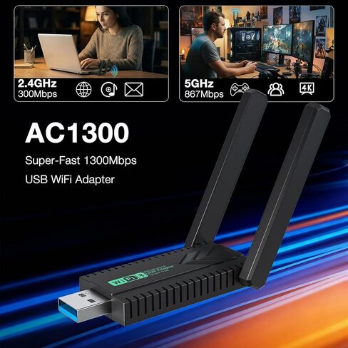 WiFi Adapter for Desktop PC 1300Mbps, Dual Band 5GHz/2.4GHz Wireless Network Adapter for PC, USB 3.0 WiFi Dongle with High Gain Antenna for Windows 11/10/8/7 in Saudi Arabia