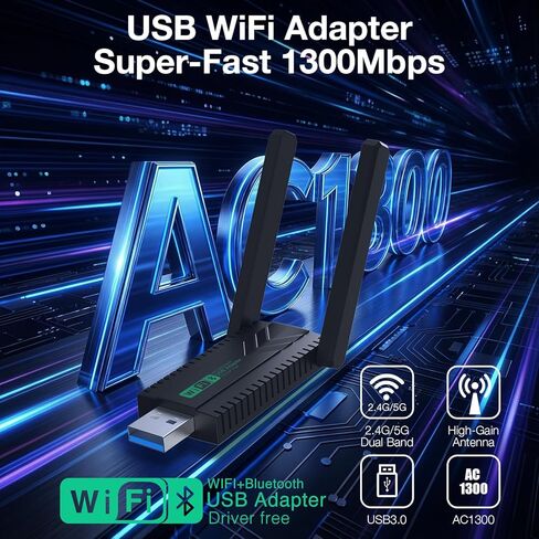 WiFi Adapter for Desktop PC 1300Mbps, Dual Band 5GHz/2.4GHz Wireless Network Adapter for PC, USB 3.0 WiFi Dongle with High Gain Antenna for Windows 11/10/8/7 in Saudi Arabia