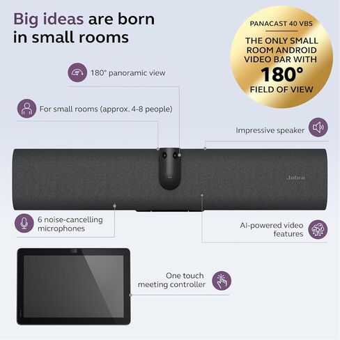 Jabra PanaCast 40 Video Bar System غرفة اجتماعات صغيرة جهاز فيديو Android ووحدة تحكم تعمل باللمس، نظام مؤتمرات مجال الرؤية 180 درجة مع ميكروفون ومكبرات صوت، معتمد لغرف التكبير، أسود in Kuwait