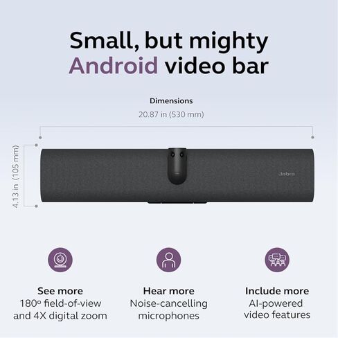 Jabra PanaCast 40 Video Bar System غرفة اجتماعات صغيرة جهاز فيديو Android ووحدة تحكم تعمل باللمس، نظام مؤتمرات مجال الرؤية 180 درجة مع ميكروفون ومكبرات صوت، معتمد لغرف التكبير، أسود in Kuwait