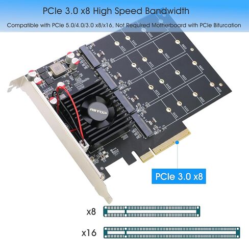 محول Quad NVMe PCIe، بطاقة RIITOP PCIe 3.0 x8 إلى 4X NVMe SSD لـ M.2 (مفتاح M) SSD 2280/2260/2242/2230 (متوافق مع اللوحة الأم غير المتشعبة) in Kuwait