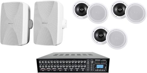 حزمة Rockville Rock Matrix 4: مضخم صوت تجاري 4 مناطق 70 فولت مع توجيه المصدر، (6) HC85 8 بوصة 700 واط ذروة/240 واط RMS لكل زوج من مكبرات الصوت في السقف، (2) WET-7020W 5.25 بوصة 70 فولت مكبرات صوت حائط بيضاء، 9 عناصر in Kuwait