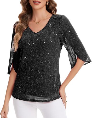 Women's 3/4 Sleeve Glitter Blouses Dressy Sparkly Double Layers Mesh Tunic Tops in Saudi Arabia