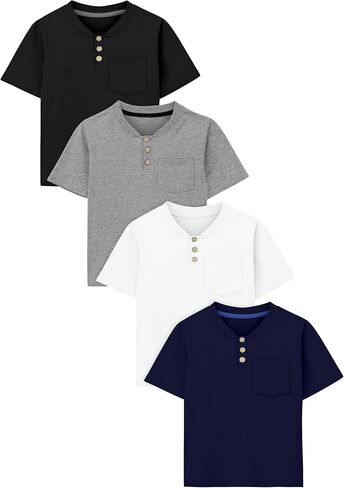Poroka 4 Pack Toddlers and Boys' Cotton Short-Sleeve T-Shirts Pocket Button Crew Neck Tee Short-Sleeve Shirts in Kuwait