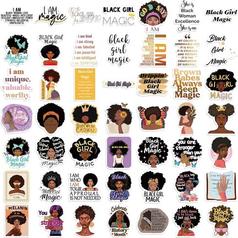 50 Pieces Black Girls Stickers Magic Girl Decal Self Affirmation for Laptop Water Bottles Skateboard Graffiti,Unique Worthy Trendy Waterproof Vinyl Stickers for Women (Black) in Saudi Arabia