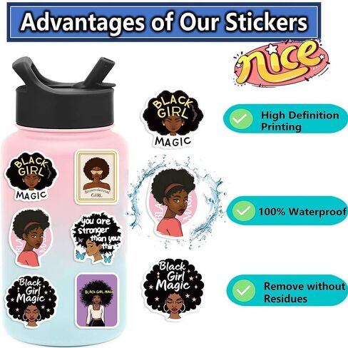50 Pieces Black Girls Stickers Magic Girl Decal Self Affirmation for Laptop Water Bottles Skateboard Graffiti,Unique Worthy Trendy Waterproof Vinyl Stickers for Women (Black) in Saudi Arabia