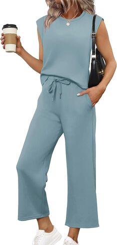 SAMPEEL Two Piece Sets for Women Casual Travel Vacation Outfits Summer Wide Leg Crop Pants Lounge Sets in Saudi Arabia