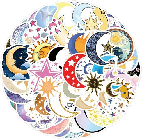 55Pcs Moon and Star Stickers, Decals Vinyl Waterproof Stickers for Water Bottle Laptop Luggage Helmet Skateboard Snowboard Guitar Scrapbook Phone Gifts for Teens Girls Kids Adult(Moon Star) in Saudi Arabia