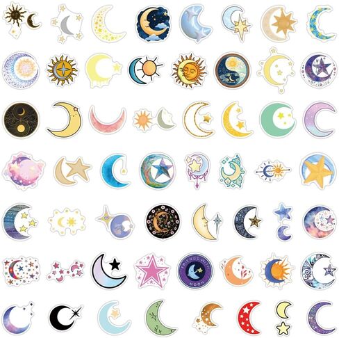 55Pcs Moon and Star Stickers, Decals Vinyl Waterproof Stickers for Water Bottle Laptop Luggage Helmet Skateboard Snowboard Guitar Scrapbook Phone Gifts for Teens Girls Kids Adult(Moon Star) in Saudi Arabia