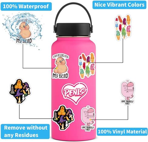 50Pcs Cute Dick Stickers Waterproof, Vinyl Stickers for Aldult, Funny Penis Decal Vinyl for Water Bottle, Car, Laptop, Phone, Skateboard in Saudi Arabia