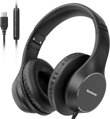 USB C Wired Over-Ear Headphones, Corded Stereo Headsets with Microphone, Volume Control, Comfortable Fit Foldable Headphone for iPhone 15/16/17, Samsung, Laptop, Tablets, Travel(Black) in Kuwait