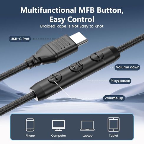 USB C Wired Over-Ear Headphones, Corded Stereo Headsets with Microphone, Volume Control, Comfortable Fit Foldable Headphone for iPhone 15/16/17, Samsung, Laptop, Tablets, Travel(Black) in Kuwait