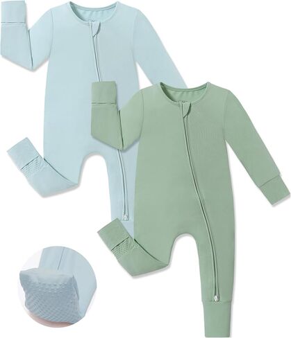 JunNeng Viscose from Bamboo Baby Boy Sleeper Pajamas with Mitts | 2 Way Zipper, Fold-over Mitts, Non-Slip for 6-18 Months, Sleep'N Play Romper, Snug & Breathable, Strethcy & Soft in Saudi Arabia