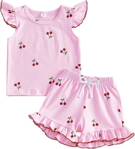 Kupretty Toddler Girl Clothes Baby Summer Plain Ribbed Knit Ruffle Sleeveless Vest Shirts Ruffled Shorts Set 1T 2T 3T 4T 5T in Kuwait