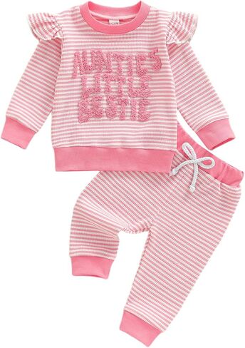 Gaono Aunties Little Bestie Baby Girl Clothes Toddler Fall Winter Outfit Waffle Knit Striped Sweatshirt And Pants Set in Saudi Arabia
