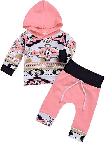 Kashoer 2Pcs Baby Girls Fall Winter Long Sleeve Floral Geometric Print Hoodie + Pants Outfit Set (6-12M, Pink) 2 in Saudi Arabia