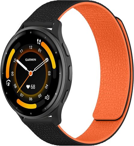 سوار مغناطيسي من السيليكون مقاس 22 مم متوافق مع Garmin Venu 4/3 45 مم/Forerunner 570 47 مم، حزام رياضي ناعم، حزام معصم بديل لموسيقى Garmin Forerunner 265/255/255 (أسود + برتقالي) in Kuwait