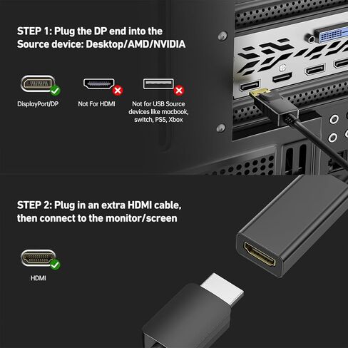 2 Pack 4K Display Port to HDMI Adapter, Uni-Directional DP 1.2 Computer to HDMI 1.4 Screen Gold-Plated DP Display Port to HDMI Adapter (Male to Female) Compatible with Lenovo, Dell, HP in Saudi Arabia