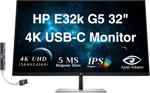شاشة HP E32k G5 مقاس 32 بوصة 4K USB-C مع وقت استجابة 5 مللي ثانية، مضادة للتوهج، خالية من الوميض، حامل VESA (100 مم)، منفذ عرض، HDMI ومنفذ USB Dockztorm، لون أسود/فضي (6N4D6AA#ABA) in Kuwait