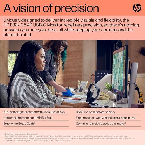شاشة HP E32k G5 مقاس 32 بوصة 4K USB-C مع وقت استجابة 5 مللي ثانية، مضادة للتوهج، خالية من الوميض، حامل VESA (100 مم)، منفذ عرض، HDMI ومنفذ USB Dockztorm، لون أسود/فضي (6N4D6AA#ABA) in Kuwait