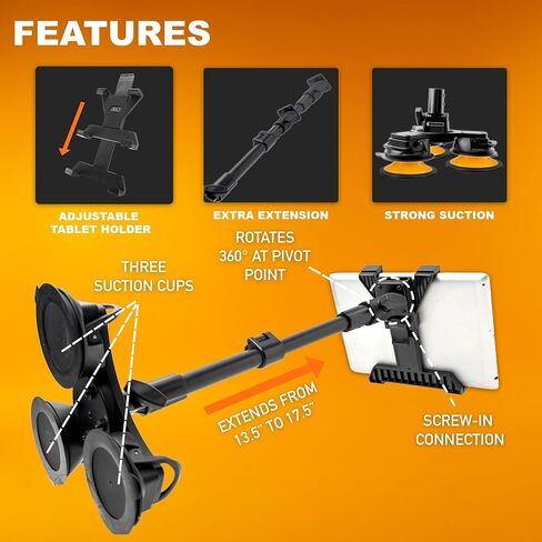 iBOLT TabDock ExtendiBOLT Pro، حامل كمبيوتر لوحي عالمي مع كوب شفط ثلاثي، ذراع دوار 360 درجة للأجهزة مقاس 7-11 بوصة، متوافق مع الزجاج الأمامي ولوحة القيادة in Kuwait