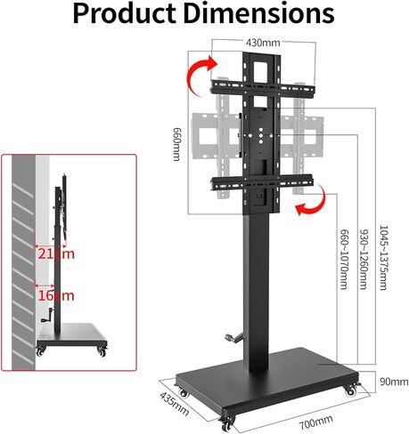 Mobile TV Cart Stand with Wheels for 32-80 Inch TVs,90°Landscape to Portrait Rotating,Manual Height Adjustable,Max VESA 600x400mm,Holds 110 Lbs,Mobile TV Cart Rolling TV Stand,XL-XZ08B in Saudi Arabia