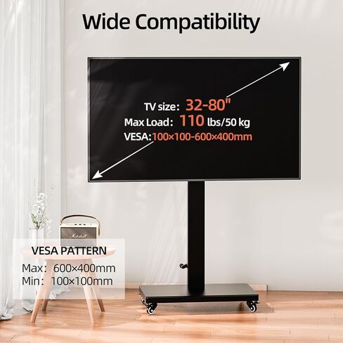Mobile TV Cart Stand with Wheels for 32-80 Inch TVs,90°Landscape to Portrait Rotating,Manual Height Adjustable,Max VESA 600x400mm,Holds 110 Lbs,Mobile TV Cart Rolling TV Stand,XL-XZ08B in Saudi Arabia