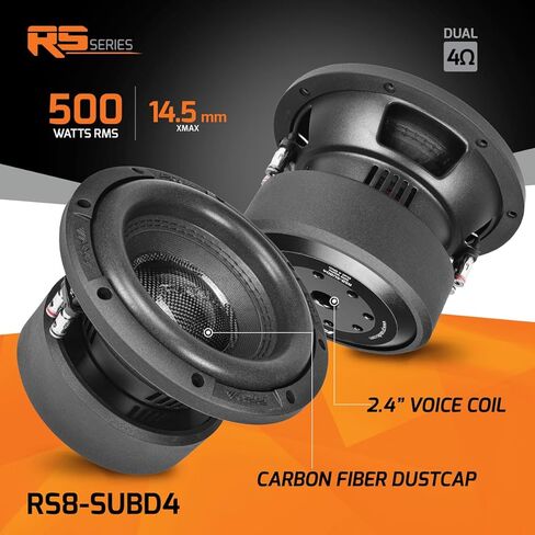 PRV AUDIO 8 بوصة Sub D4 1000 واط أقصى طاقة مزدوجة 4 أوم، 14.5 مم Xmax، RS8-SUBD4، ملف صوتي 2.4 بوصة، مضخم صوت للسيارة 8 بوصات نغمات منخفضة عميقة للسيارة، أنظمة صوت شاحنات صغيرة (مفرد) in Saudi Arabia