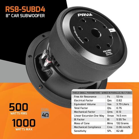 PRV AUDIO 8 بوصة Sub D4 1000 واط أقصى طاقة مزدوجة 4 أوم، 14.5 مم Xmax، RS8-SUBD4، ملف صوتي 2.4 بوصة، مضخم صوت للسيارة 8 بوصات نغمات منخفضة عميقة للسيارة، أنظمة صوت شاحنات صغيرة (مفرد) in Saudi Arabia