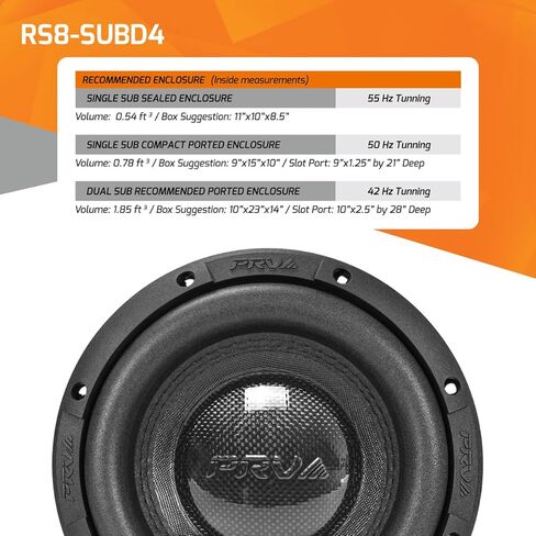 PRV AUDIO 8 بوصة Sub D4 1000 واط أقصى طاقة مزدوجة 4 أوم، 14.5 مم Xmax، RS8-SUBD4، ملف صوتي 2.4 بوصة، مضخم صوت للسيارة 8 بوصات نغمات منخفضة عميقة للسيارة، أنظمة صوت شاحنات صغيرة (مفرد) in Saudi Arabia