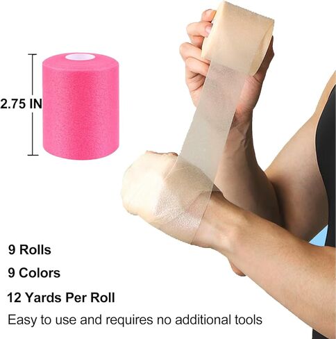 9 عبوات من شريط رياضي ملفوف مسبقًا، 2.75 بوصة × 12 ياردة، شريط رياضي متعدد الألوان لكرة القدم للشعر، شريط رياضي مسبق الالتفاف، شريط لاصق سفلي مسبق اللف للكاحل والمعصمين واليدين والركبتين والمرفقين in Kuwait