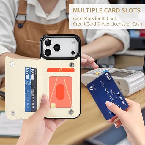 حافظة محفظة لهاتف iPhone 16 Pro مع حامل للبطاقات، حافظة جلدية مزودة بمسند حلقي وفتحات للبطاقات مع مشبك مغناطيسي مزدوج وغطاء هاتف مضاد للصدمات مقاس 6.3 بوصة 2024، بيج in Kuwait