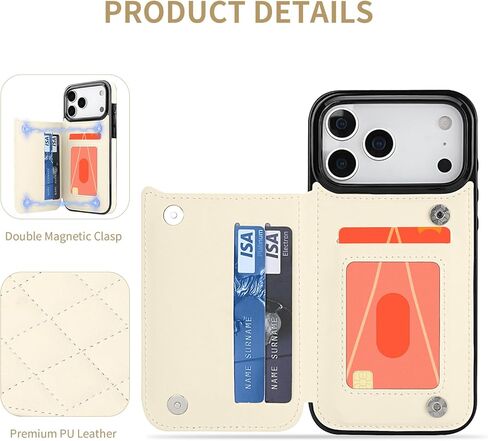 حافظة محفظة لهاتف iPhone 16 Pro مع حامل للبطاقات، حافظة جلدية مزودة بمسند حلقي وفتحات للبطاقات مع مشبك مغناطيسي مزدوج وغطاء هاتف مضاد للصدمات مقاس 6.3 بوصة 2024، بيج in Kuwait