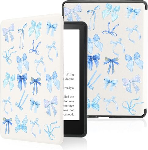 Lovely Cute Blue Grid Bows Case for 7"/6.8" Kindle Paperwhite(12th/11th Generation-2024/202) and Kindle Colorsoft with Hand Strap,Slim Leather Cover Shell with Auto-Wake/Sleep for Kindle 2024 in Kuwait