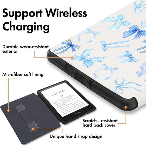 Lovely Cute Blue Grid Bows Case for 7"/6.8" Kindle Paperwhite(12th/11th Generation-2024/202) and Kindle Colorsoft with Hand Strap,Slim Leather Cover Shell with Auto-Wake/Sleep for Kindle 2024 in Kuwait