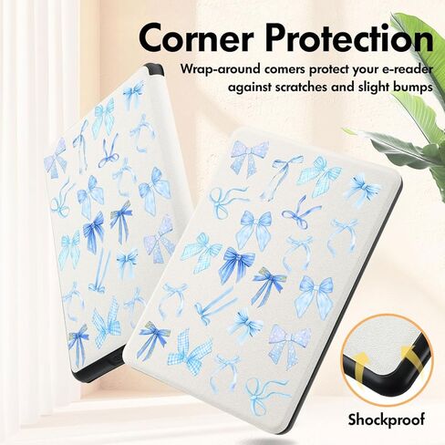 Lovely Cute Blue Grid Bows Case for 7"/6.8" Kindle Paperwhite(12th/11th Generation-2024/202) and Kindle Colorsoft with Hand Strap,Slim Leather Cover Shell with Auto-Wake/Sleep for Kindle 2024 in Kuwait