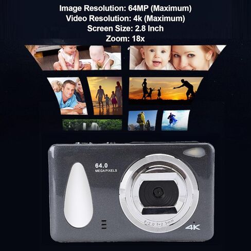كاميرا رقمية، كاميرا رقمية بدقة 4K بدقة 64 ميجابكسل، تسجيل حلقة التركيز التلقائي بتكبير 18X، محمولة صغيرة الحجم للأطفال والمراهقين والبالغين (رمادي داكن) in Kuwait