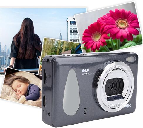 كاميرا رقمية، كاميرا رقمية بدقة 4K بدقة 64 ميجابكسل، تسجيل حلقة التركيز التلقائي بتكبير 18X، محمولة صغيرة الحجم للأطفال والمراهقين والبالغين (رمادي داكن) in Kuwait