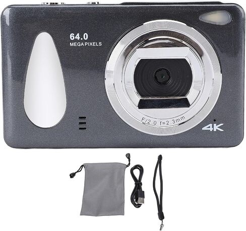 كاميرا رقمية، كاميرا رقمية بدقة 4K بدقة 64 ميجابكسل، تسجيل حلقة التركيز التلقائي بتكبير 18X، محمولة صغيرة الحجم للأطفال والمراهقين والبالغين (رمادي داكن) in Kuwait