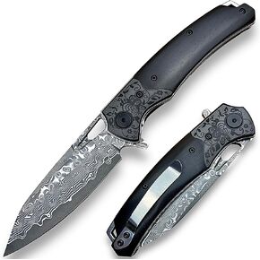 سكين جيب دمشقي قابل للطي EDC من TACTICAL GEARZ، مقبض من خشب الأبنوس المنحوت حسب الطلب (Okina XT) in Kuwait