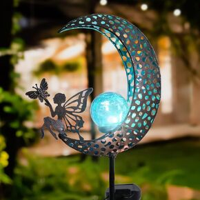 Bshine Moon Solar Light Outdoor Garden Decor,2 Pack Moon Fairy Garden Statue Valentine's Day Decor,Metal Waterproof Light Stake for Patio, Path, Yard and Lawn Ornament, Housewarming Gift for Mom in Saudi Arabia