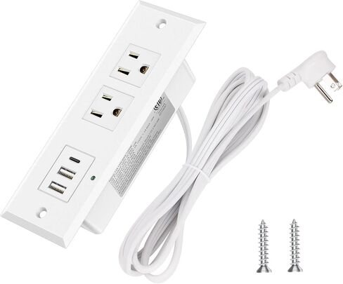 شريط طاقة مجوف مع PD 20 وات من النوع C، منافذ مكتبية مع منفذين USB-A ومنفذ USB-C، شريط طاقة مثبت على الأثاث للدرج، طاولة جانبية، مؤتمر، قابس مسطح 45 درجة سلك 6.56 قدم، مدرج في قائمة ETL in Kuwait