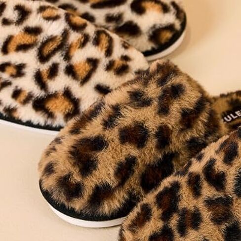 Leopard Print Plush House Slippers - Warm Lined EVA Sole Indoor Winter Slippers for Women in Saudi Arabia